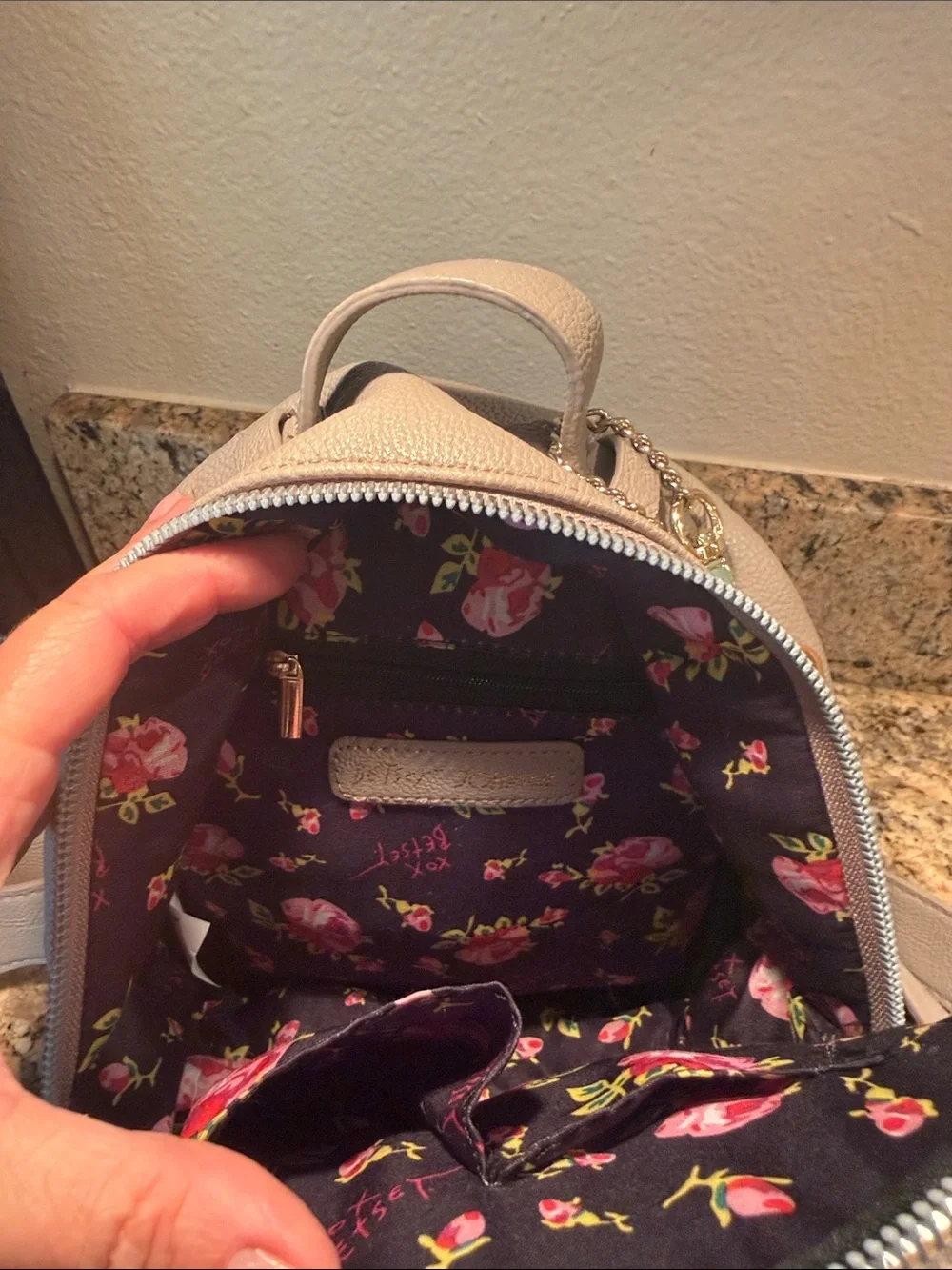 Betsy Johnson Heart-Quilted Mini Backpack with Bow - Taupe